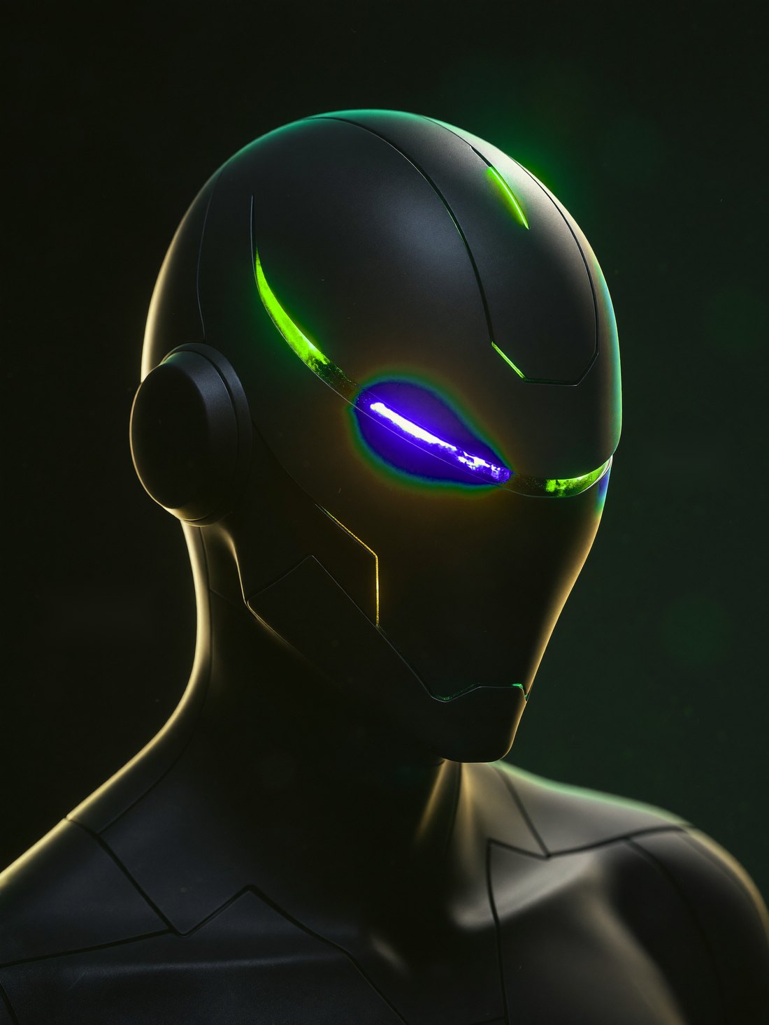 Illustration of Arbii's AI: a matte black android head with glowing green and yellow accent lighting